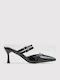 Women's Mules from Patent Leather with Thin High Heel in Black Color
