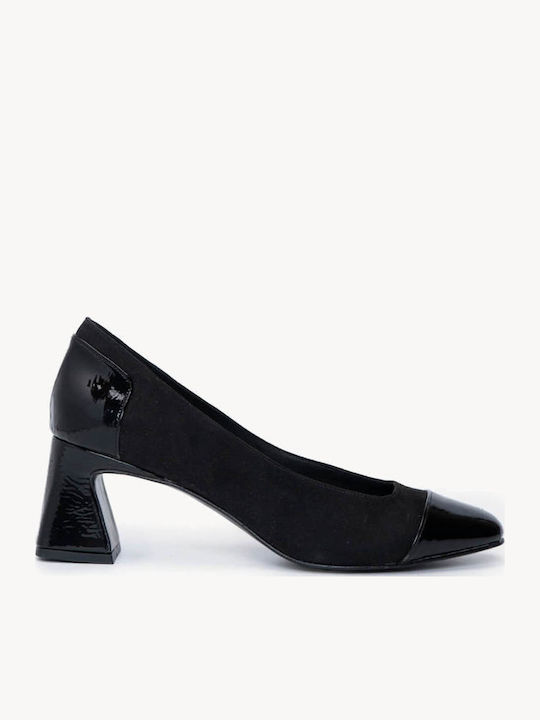 Black Suede Patent Heels Pointed Toe Block Heel