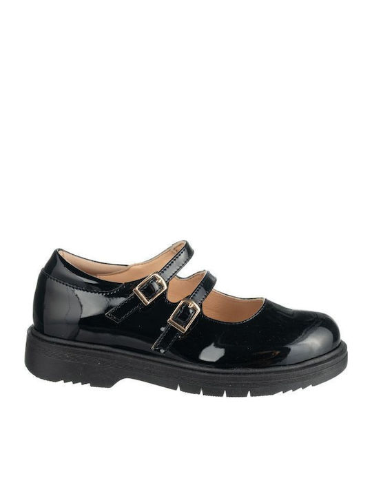 Kids Leather Ballerinas with Adjustable Metal Clasp Black