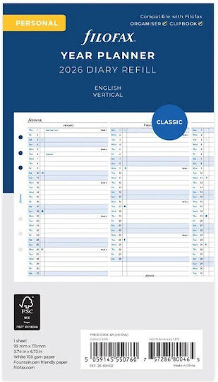 Filofax Personal Lunar Refil jurnal 2026 Alb 9.5x17.1cm
