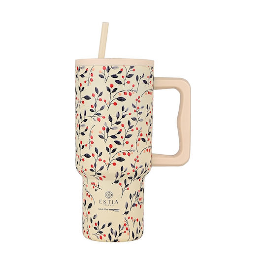 Estia Straw Tumbler XL Save the Aegean Recyclable Handled Tumbler Thermos Stainless Steel BPA Free 900ml Bloom Beige with Straw and Handle