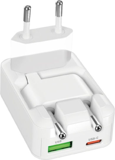 SBS Φορτιστής Χωρίς Καλώδιο με Θύρα USB-A και Θύρα USB-C 30W Power Delivery Λευκός (ANUSBTCFOLD30W)