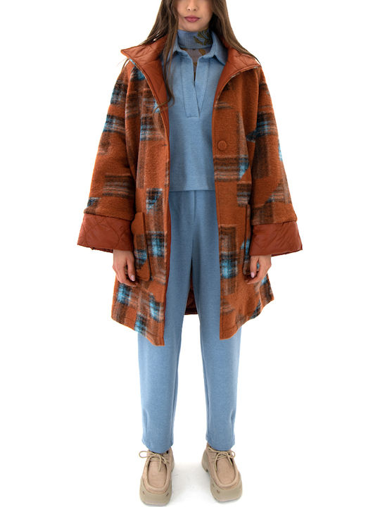 Women's Checked Blue-Orange Coat Oversized with Buttons