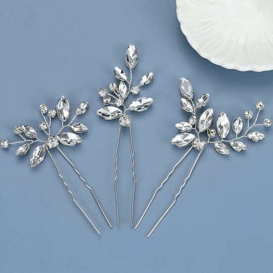 Set of 3 Formal Impressive Hair Pins Decorated with Shiny Strass Diamonds Silver