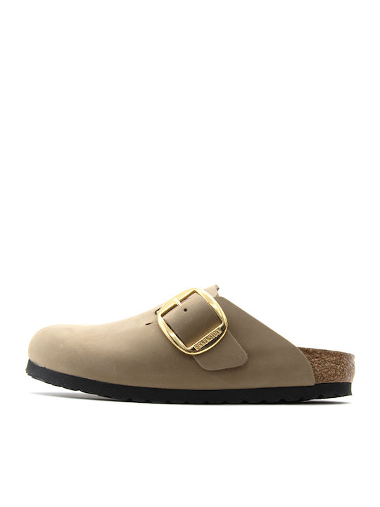 Boston Big Buckle Leather Winter Women's Slippers Beige Narrow Fit
