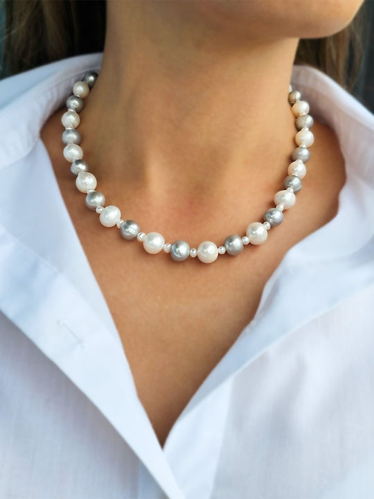 White Grey Pearl Necklace Steel Clasp F126569