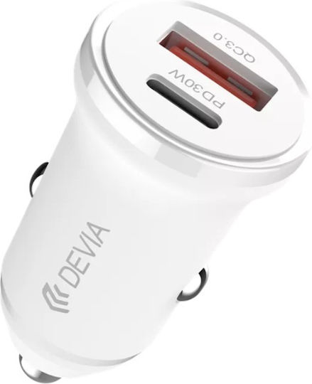 Devia Auto-Ladegerät 30W Schnellladung mit Anschlüssen: 1xUSB 1xType-C Weiß Farbe