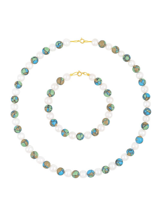 Margaritari Set with Necklace & Bracelet from Gold 14K with Pearls