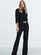 Damen Stoff Hose mit Gummizug Schlaghose Black