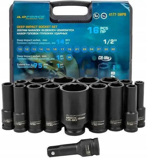 JCB Long Pneumatic Sockets With 1/2" Frame Host HEX Set 16 Pieces