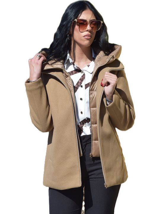 Women's Puffer Jacket for Winter with Detachable Hood Camel