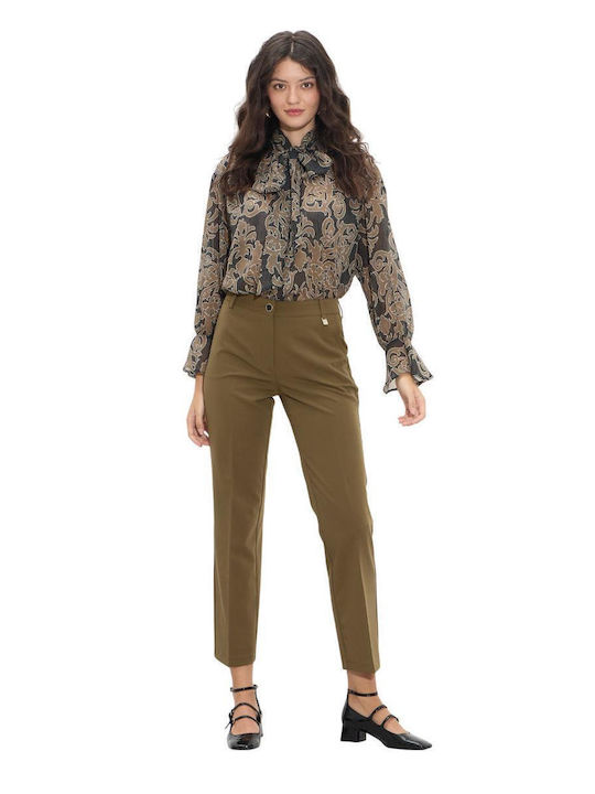 Damen Hoch tailliert Stoff Hose in Geradem Schnitt Olive