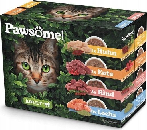 Pawsome Υγρή Τροφή για Γάτες σε Φακελάκι με Κοτόπουλο, Κρέας, Πάπια, Γαλοπούλα και Σολομό 12x85gr