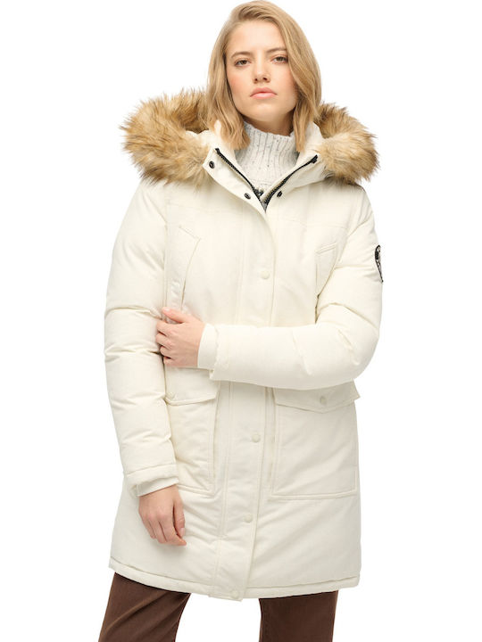 Everest Faux Μακρύ Γυναικείο Puffer Μπουφάν για Χειμώνα Off White