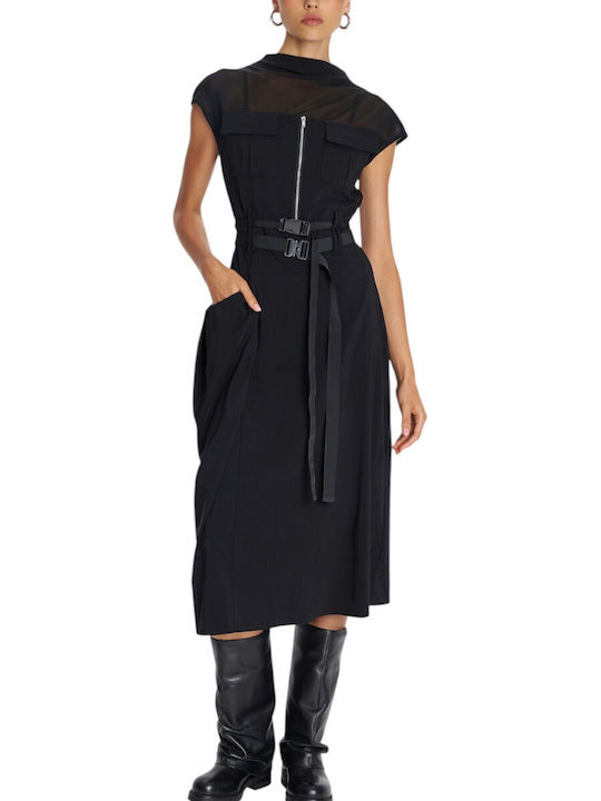 Rochie Midi Mâneca Scurtă Neagră
