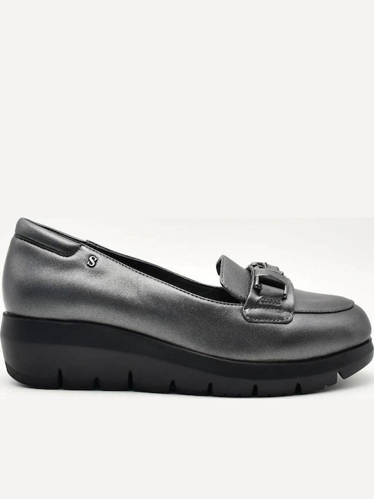 Leather Women's Loafers in Gray Color
