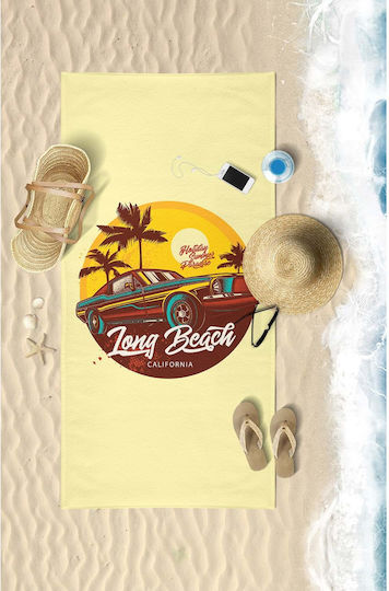Πετσέτα Παραλίας “long Beach California” Αυτοκίνητο & Φοίνικες – Κίτρινη 75x150cm