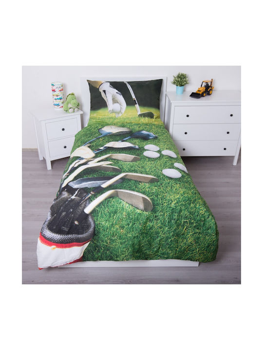 Golf Set Kids Duvet Cover Single with Pillowcase Cotton Green 140x200cm