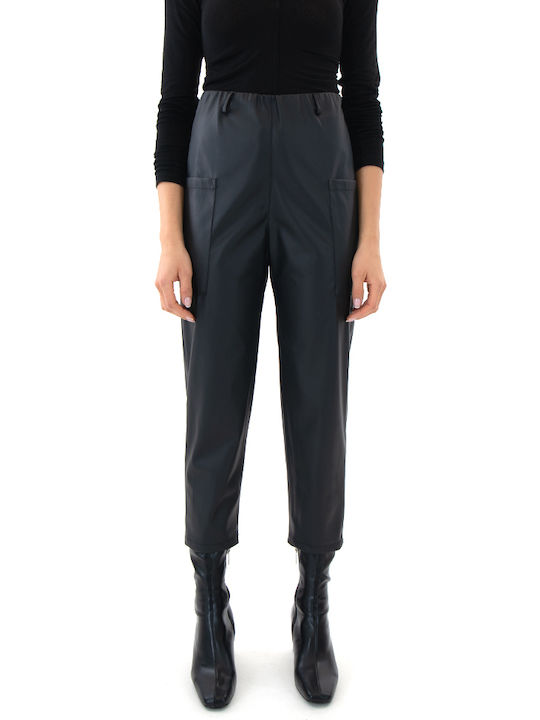 Faux Damen Hoch tailliert Stoff Hose mit Gummizug Black