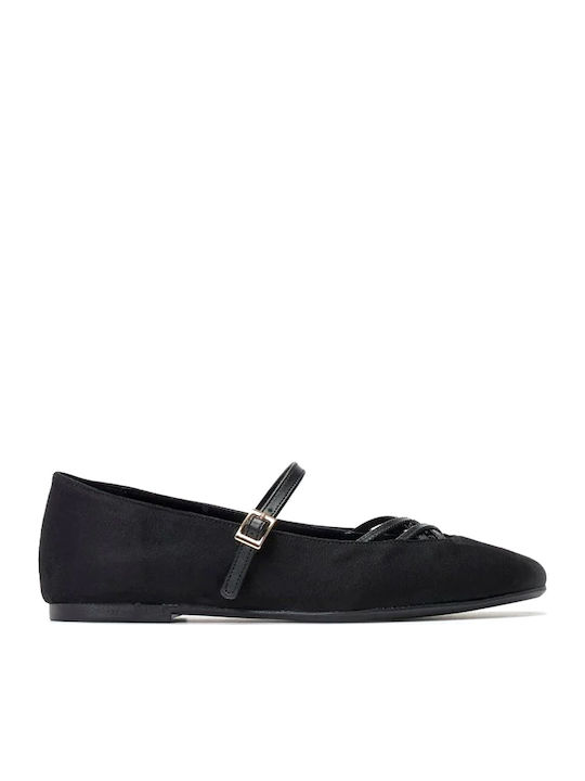 Beatris Suede Γυναικείες Μπαλαρίνες με Λουράκι σε Μαύρο Χρώμα