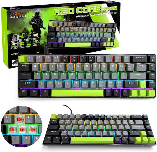 Media-Tech Red Core MX60 Gaming Mechanical Keyboard 60% with Cherry MX Red switches and RGB lighting (International English) Green/Grey/Black