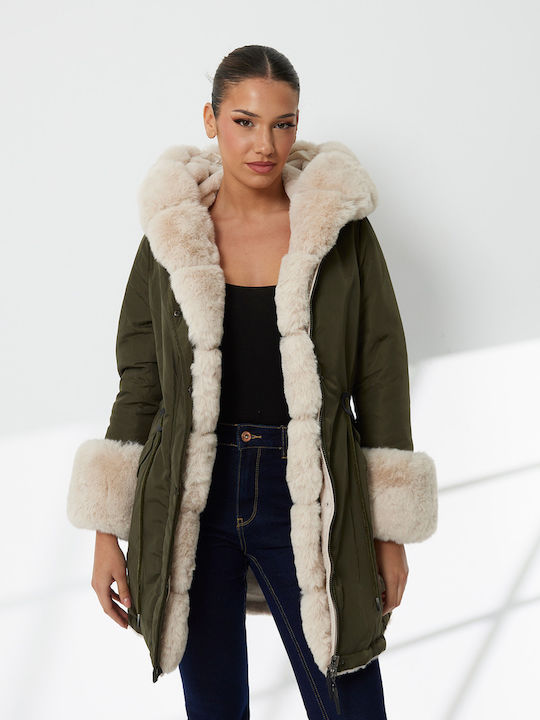 Women's Khaki Coat with Fur Details