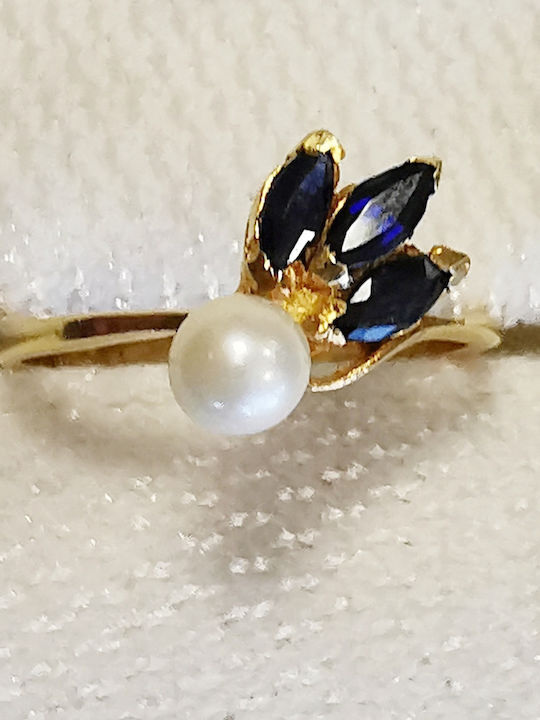 18K Gold Ring with Sapphires and Pearl US 6 3/4 or EU 54