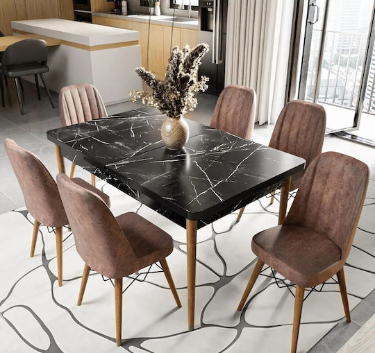 Set Mobilier Pentru Sufragerie Negru Model Marmură Scaune Maro