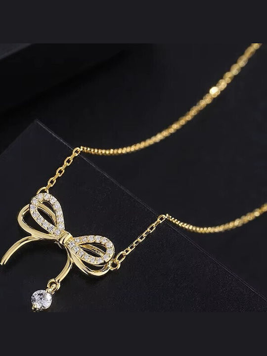 By Queen Γυναικείο Κολιέ Διπλός Φιόγκος S925 Gold Plated Ζιργκόν