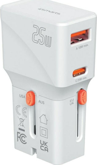 4Smarts Charger Without Cable with USB-A Port and USB-C Port 25W Power Delivery / Quick Charge 2.0 / Quick Charge 3.0 Whites (Travel)