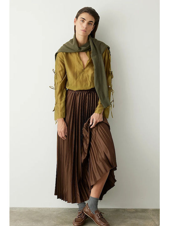 Satin Pleated Midi Skirt Brown