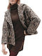 Wool Women's Leopard Brown Half Coat with Buttons