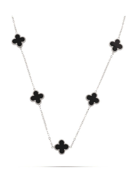 Κολιέ Πέτρες Φίλντισι Mar Mar Clovers Black Silver Ανοξείδωτο Ατσάλι