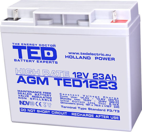 Baterie Ted Electric Ted003348 12V Rată Mare Dimensiuni 181 X 76 X 167 Mm 12V 23Ah F3 Baterie