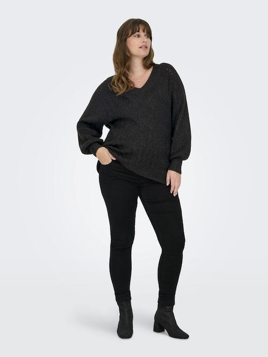 Bluza Damă Mânecă Lungă Pulover cu Decolteu în V Neagră
