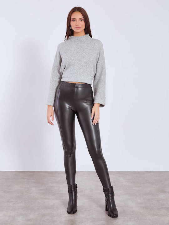 Celestino Women's Leatherette Leggings Decorative Seams Slim Fit Black