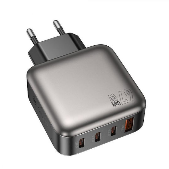 Lamtech Φορτιστής Χωρίς Καλώδιο GaN με Θύρα USB-A και 3 Θύρες USB-C 67W Power Delivery / Quick Charge 2.0 / Quick Charge 3.0 Γκρι (LAM980428)