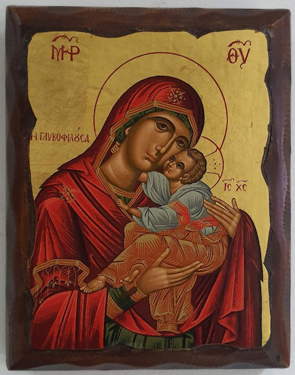 Holy Mary Glykofilousa Aged Peplaiωméno Peplaiωμένο Wooden Pine Canvas Gold Leaf Dimensions 20 x 16 cm