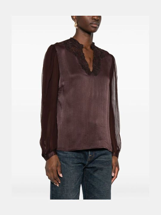 Women's Blouse with Lace & Sheerness Brown