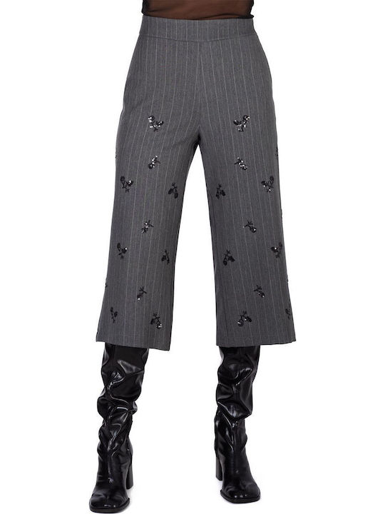 Women's High-waisted Fabric Capri Trousers Striped Gray with Sequins