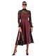 Rochie Midi De Seara Din Piele Cu Dantelă Burgundy