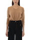 Damen Langarm Pullover mit V-Ausschnitt Black, Camel