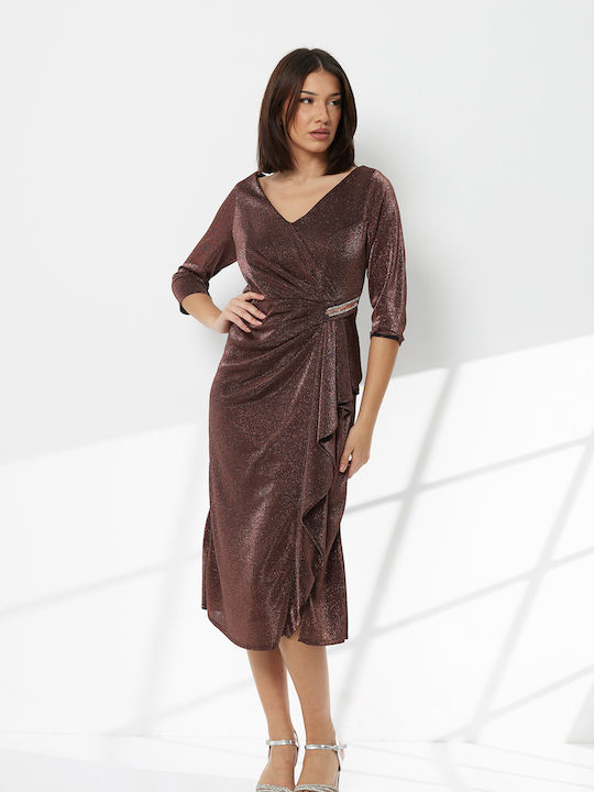 Rochie Midi de Seară Drapată Maro