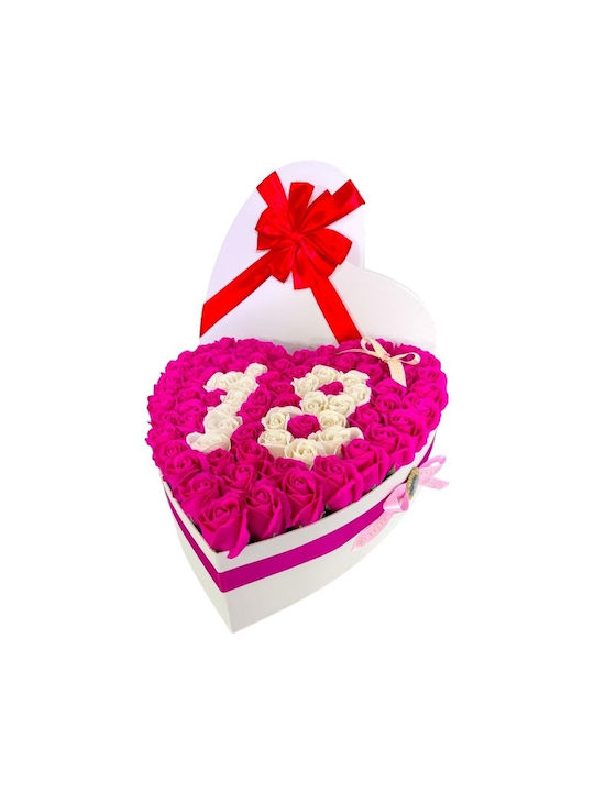 Aranjament Floral Personalizat Numărul 18 În Cutie În Formă De Inimă 115 Trandafiri Săpun Roz-Alb