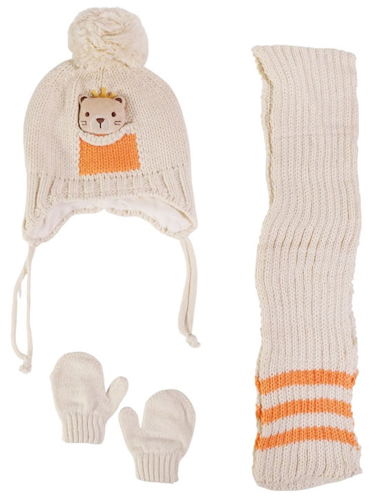 Kids Beanie Set with Scarf & Gloves Knitted Beige