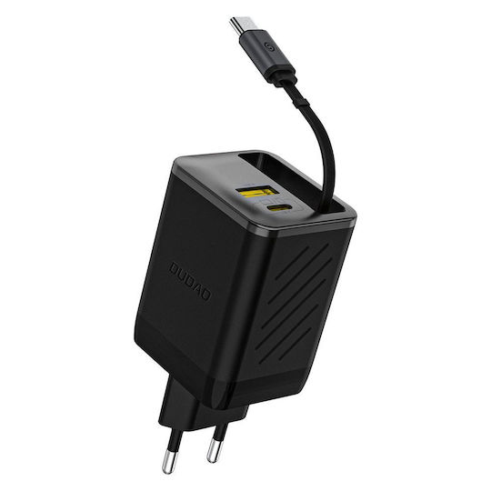 Dudao Charger with Built-in Cable GaN with USB-A Port and USB-C Port USB-C 67W Power Delivery / Quick Charge 3.0 Blacks (A67EU)