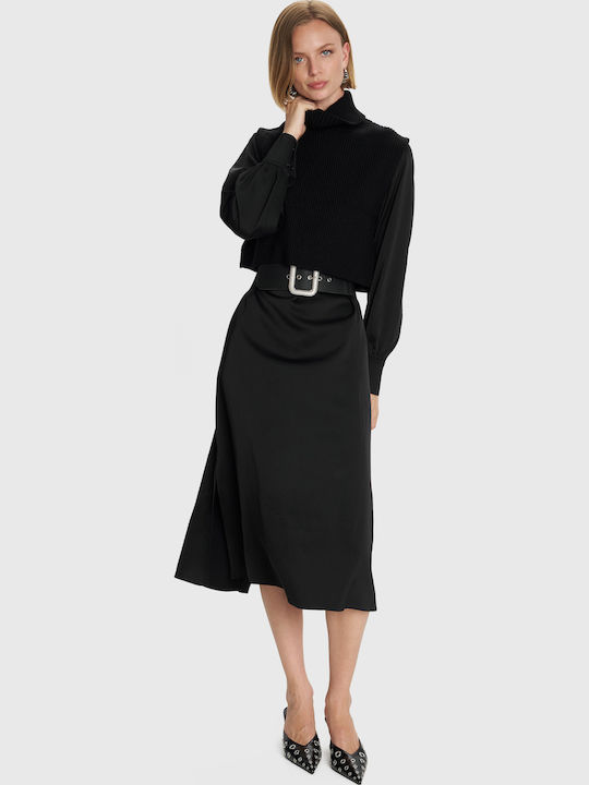 Midi Damenkleid Langärmelig Gestrickt Schwarz 8921910-Schwarz