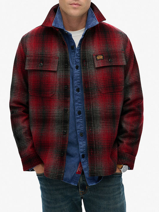 D2 Ovin Long Sleeve Overshirt in Regular Fit Checked Bordeaux