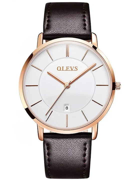 Olevs Ανδρικό Ρολόι 40mm Χρονογράφος Μπαταρίας με Καφέ Δερμάτινο Λουράκι