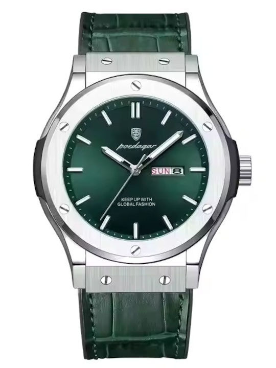 Poedagar Ceas Bărbați 40mm Baterie Cu Curea Din Piele Verde